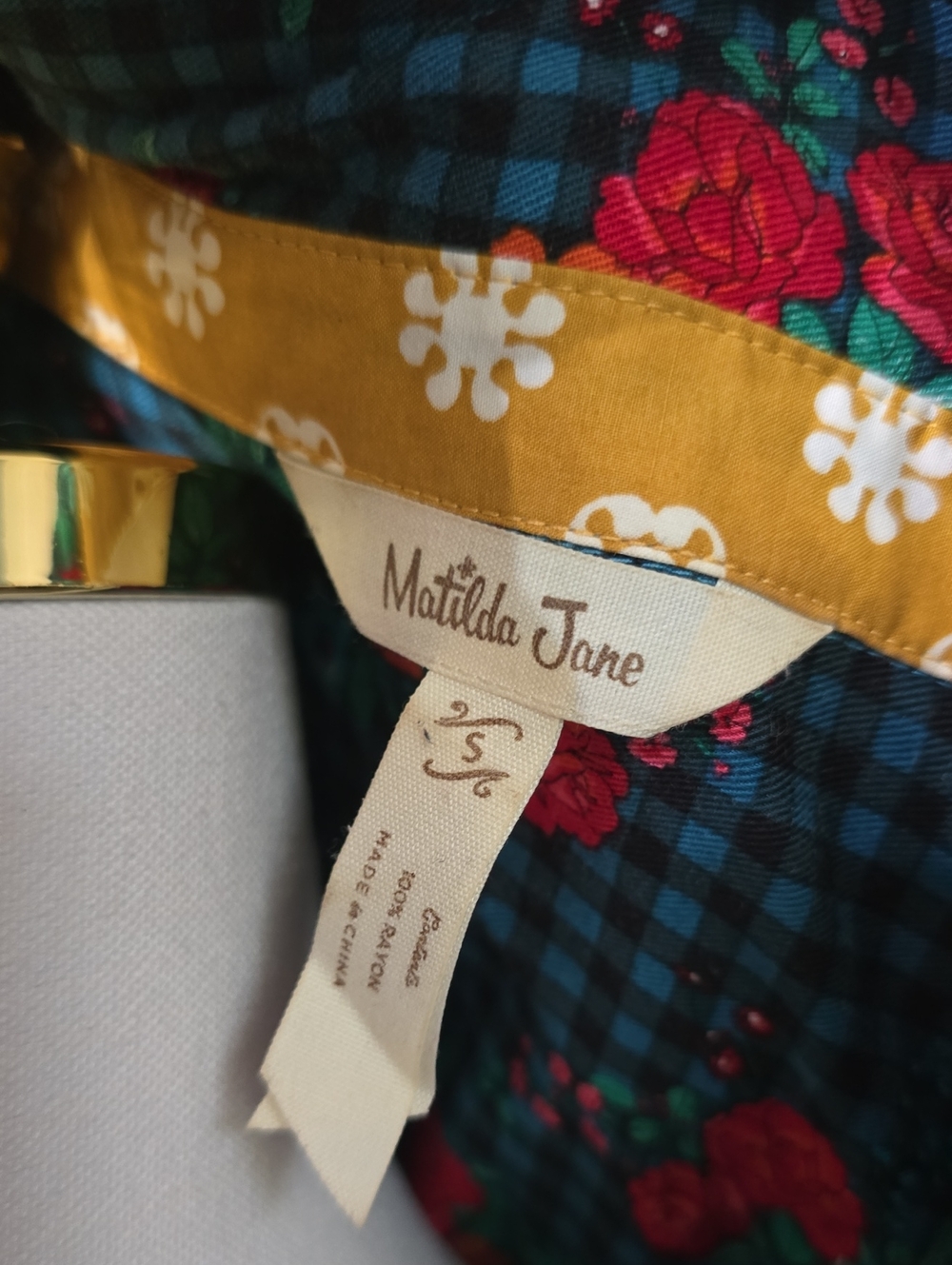 Matilda Jane Teal Plaid with Red Floral and Mustard Trim Dress Fa La La - Picture 3 of 3